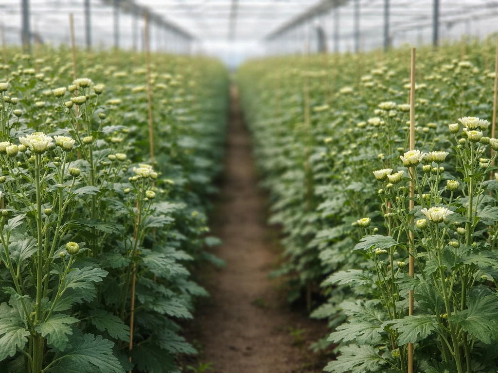 Chrysanthemum cut-flower plants in neat rows with stakes and visible budding flowers in a greenhouse