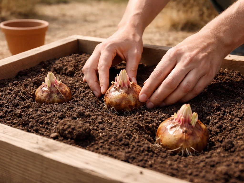 Hands plant Stargazer lily bulbs in a small raised bed in a bright dry-season yard.