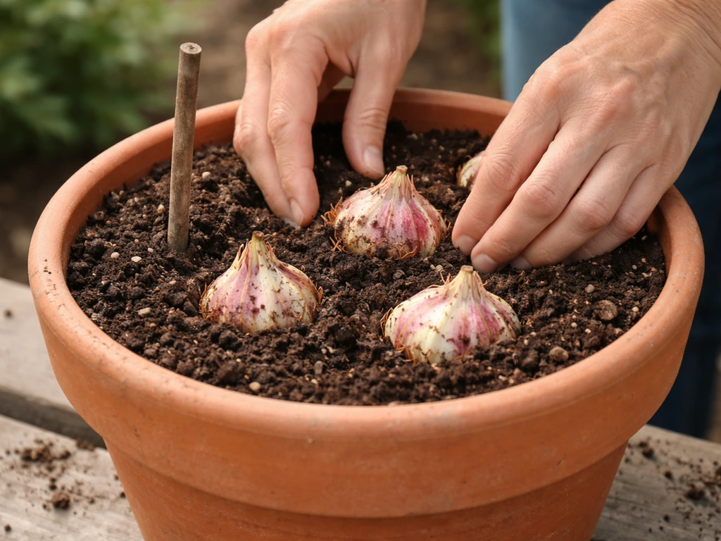Hands placing Stargazer bulbs in a pot with visible soil mix and careful spacing