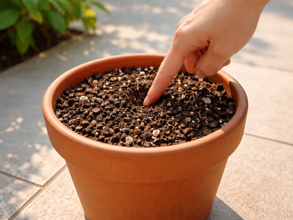 Terracotta pot with well-draining soil, a hand doing a finger moisture check in morning sunlight.