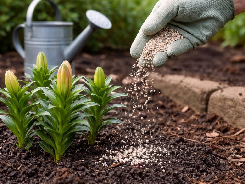 Gloved hand sprinkling granular fertilizer around young lily shoots with a watering can nearby.