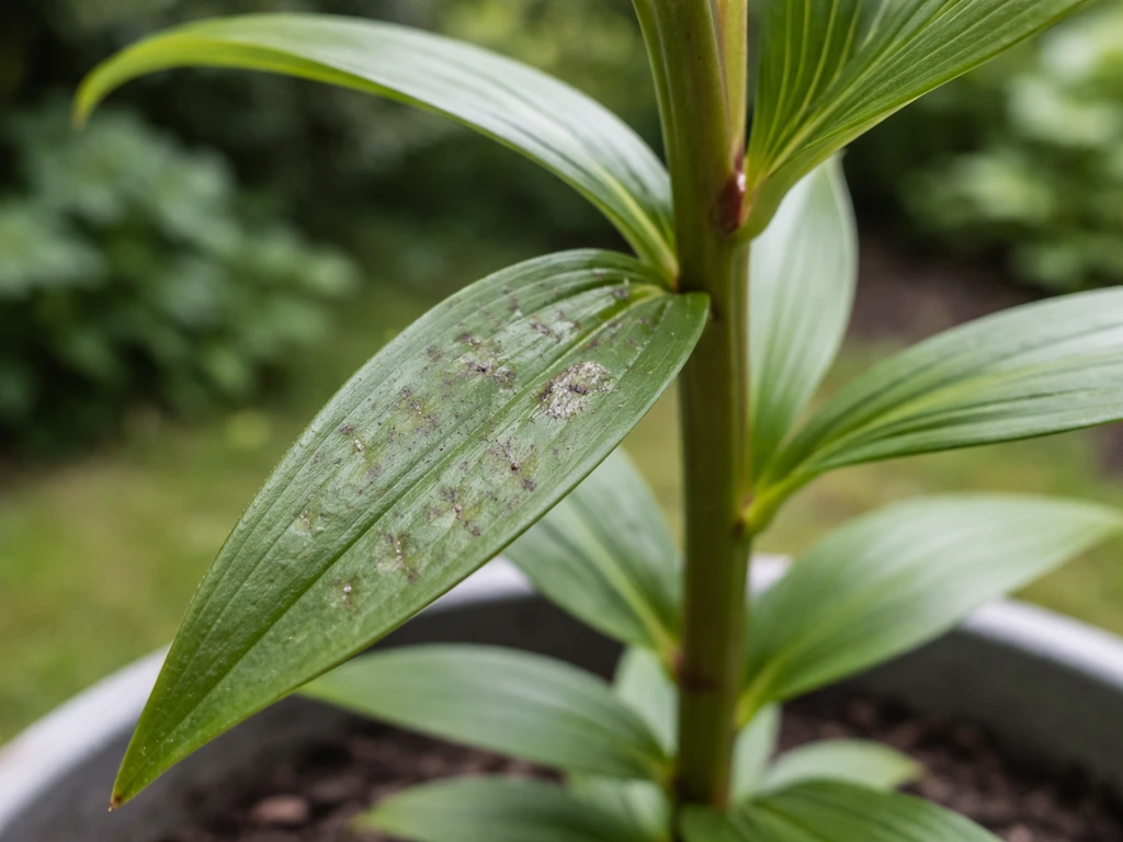 Close-up of Stargazer lily leaves with gray-brown spots and slight stem discoloration in soft natural light.