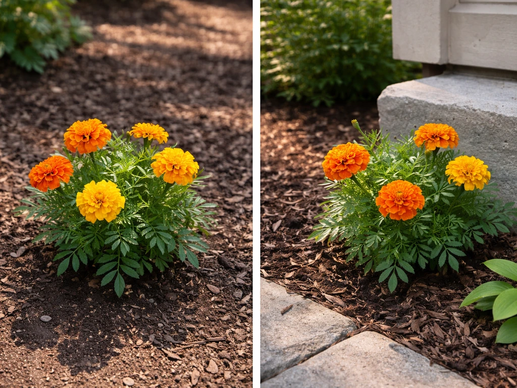 Marigold plants in two spots—one in full sun, one in partial shade near a home edge.