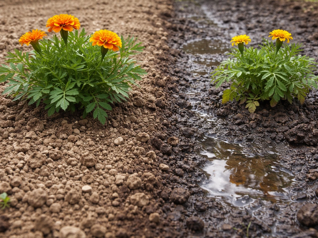 Marigolds growing in crumbly dry soil beside a darker waterlogged patch showing poor drainage.