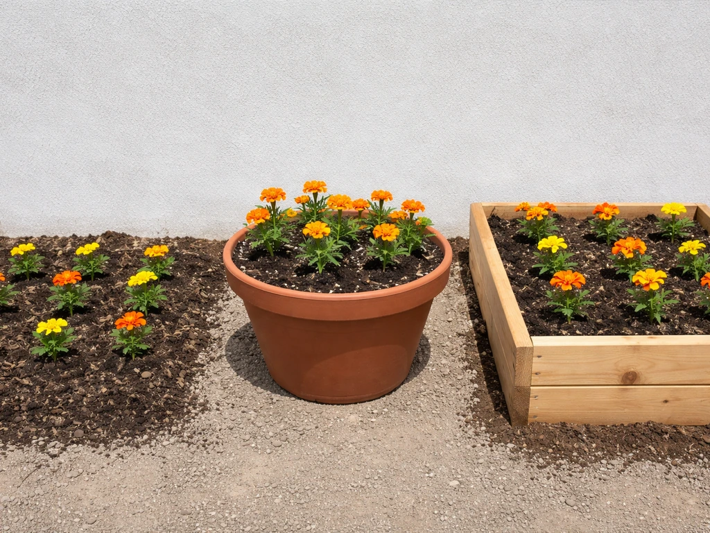 Three simple garden setups side-by-side: bed in ground, marigolds in a pot, and marigolds in a raised planter