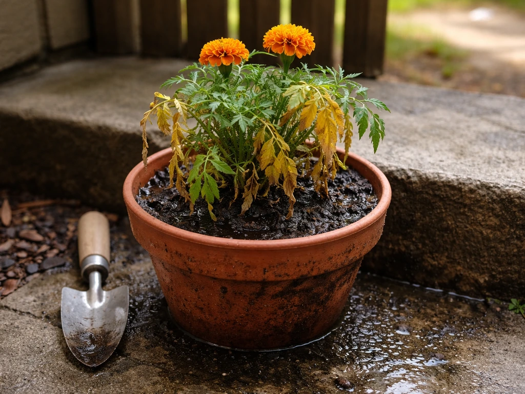 Potted marigold with yellowing leaves and damp, dark soil indicating poor drainage.