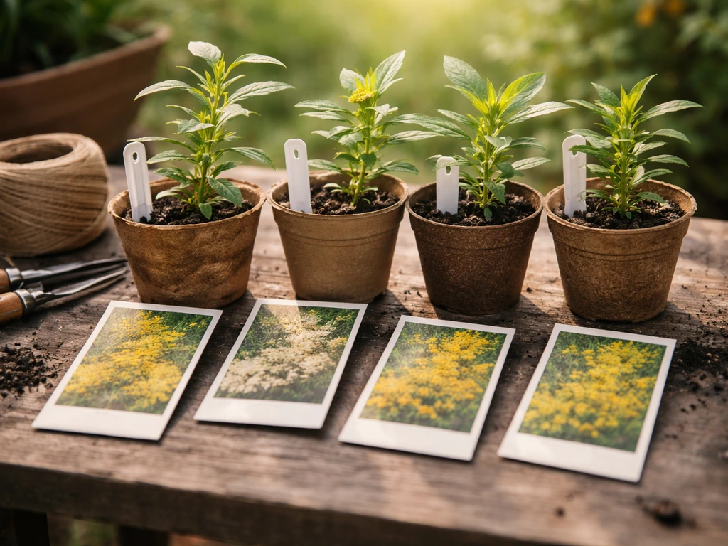 Seed packets and goldenrod stems in small containers side-by-side to highlight choosing the right variety.