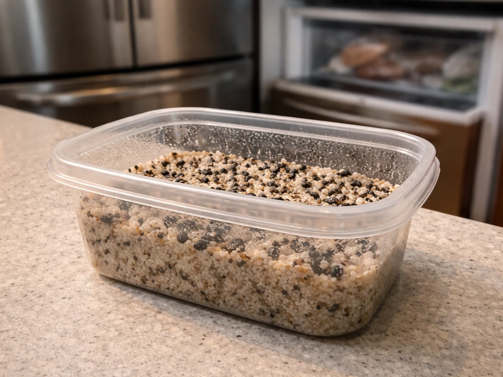 Close-up of seeds mixed with moist perlite/sand in a clear container near an open fridge drawer.