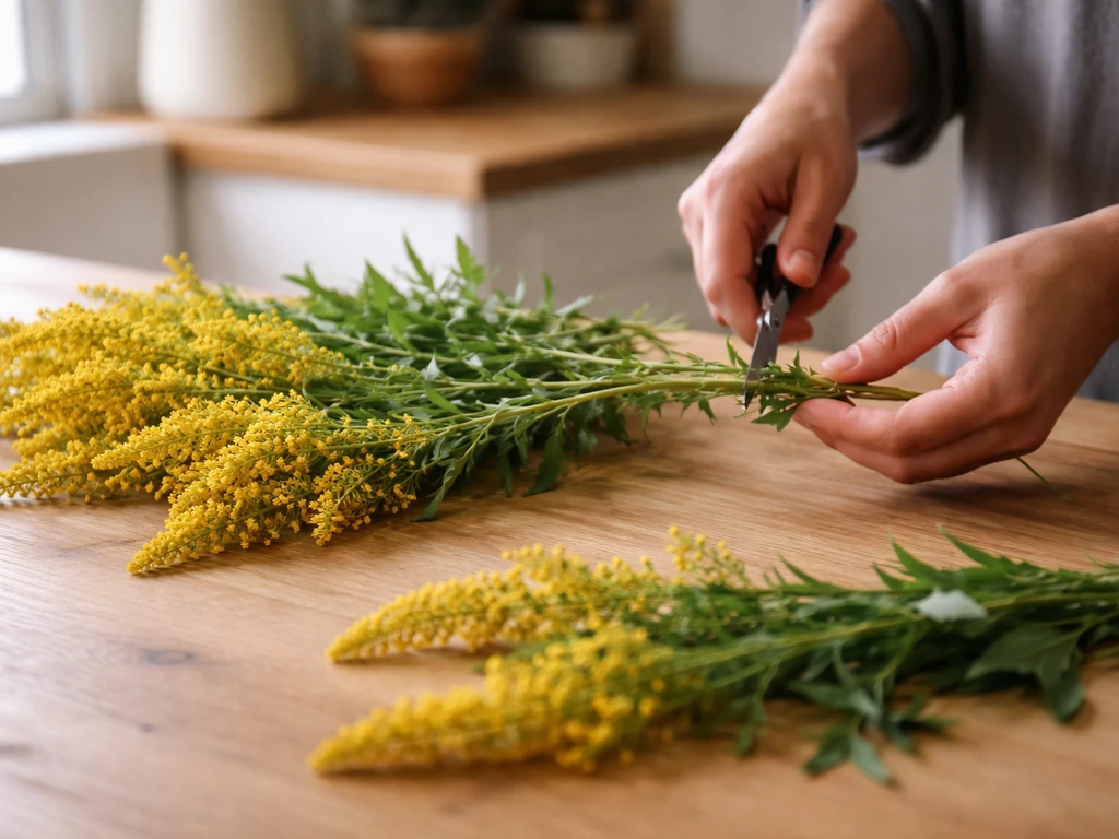 Goldenrod stems freshly cut, half-open flower clusters laid on a table for arranging fresh bouquets