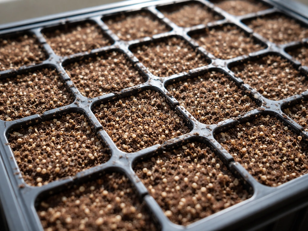Tiny bellflower seeds sprinkled on seed-starting mix in a plug tray under bright overhead light.