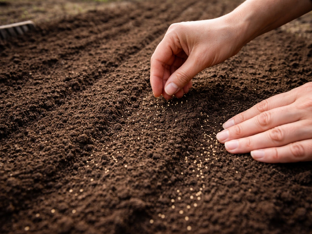 Hands spreading small seeds on a raked, fine outdoor seedbed, pressed lightly into soil after frost.
