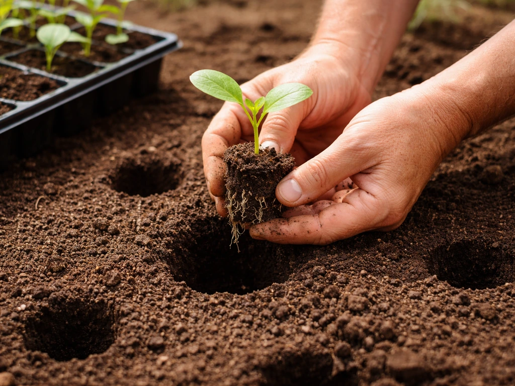 Garden hands transplant a leafy seedling from a tray into a soil hole with spacing visible.