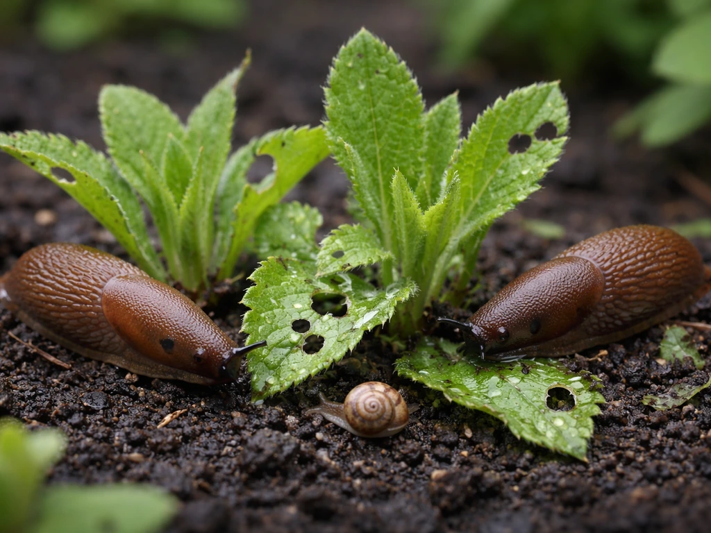 Close-up of a slug on young bellflower leaves with visible chewing damage and damp garden soil.