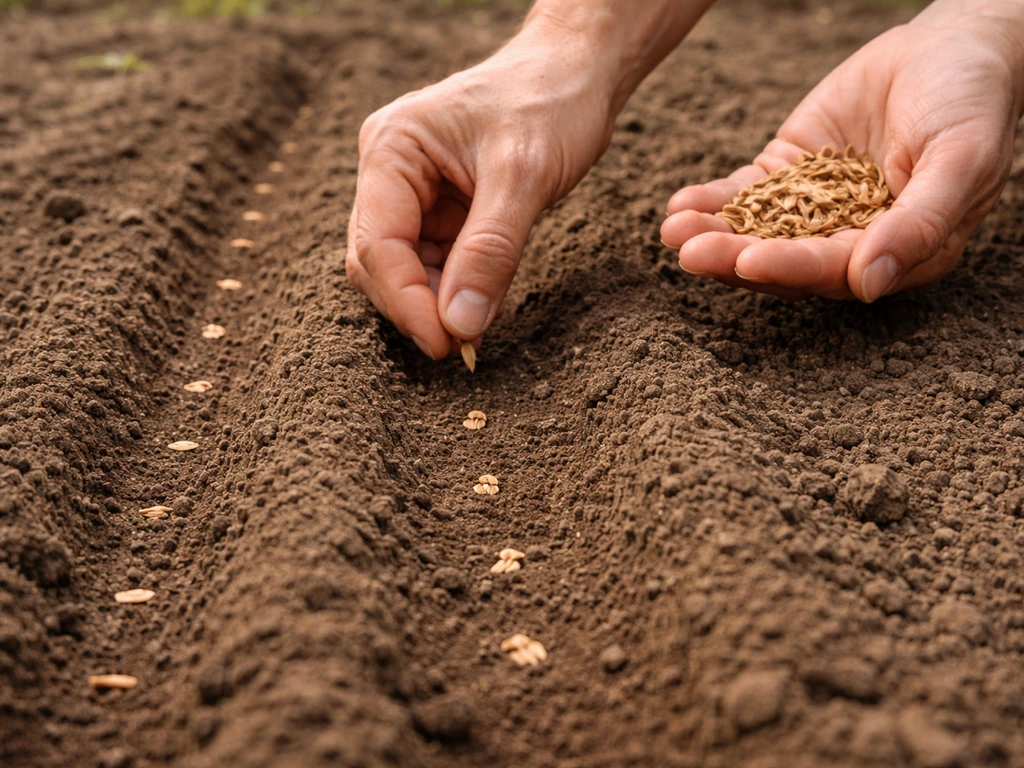 Gardener’s hands sow calendula seeds into smooth prepared soil in evenly spaced rows.