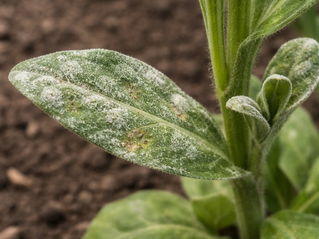 Calendula leaf close-up with white, powdery mildew coating and slightly curled affected growth.