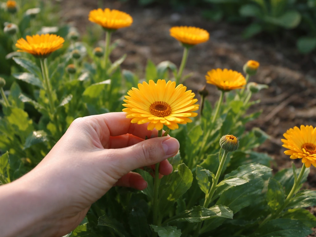 Hand picking fully open calendula flowers in a garden bed at morning light.