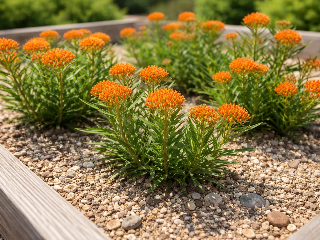 Close-up of butterfly weed in full sun with gritty, fast-draining soil in a raised garden bed.