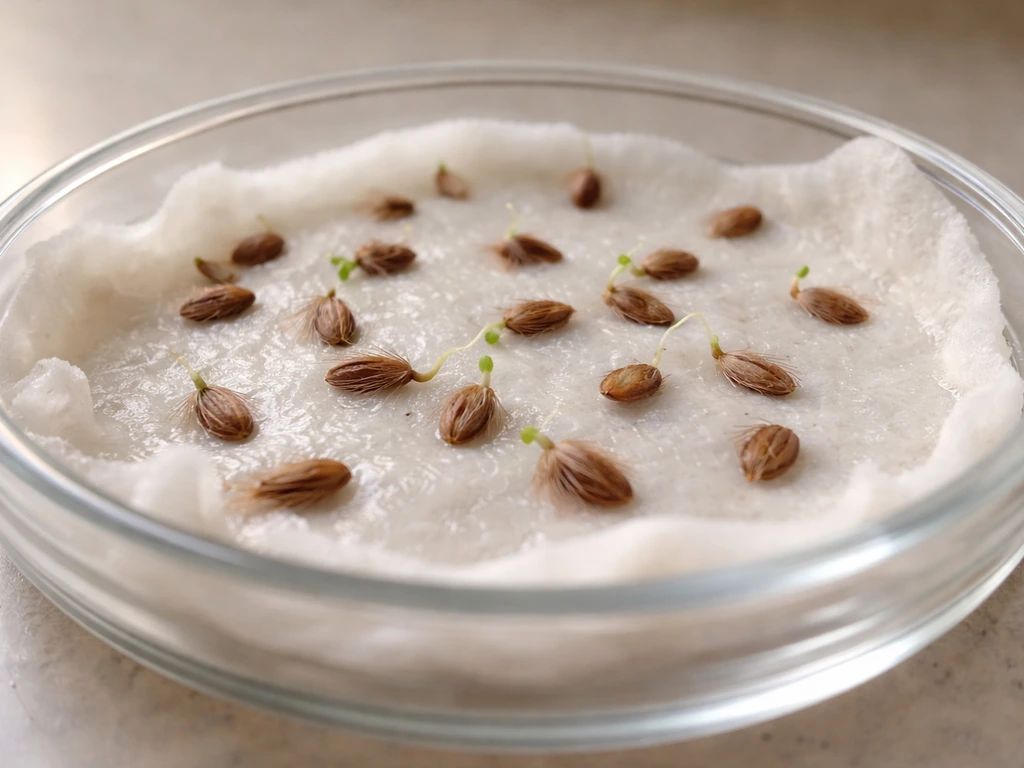 Close-up of damp paper towel with butterfly weed seeds and tiny sprouts just beginning to emerge.