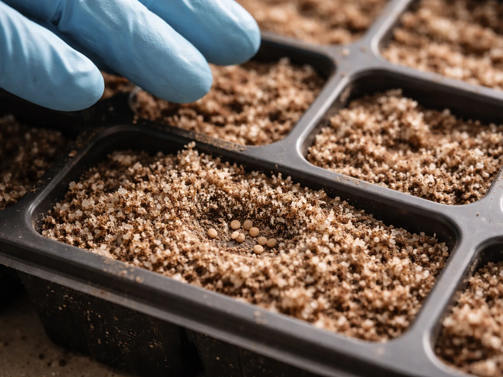 Close-up of seeds placed about 1/4 inch deep in seed-starting mix inside a tray, shallow coverage visible.