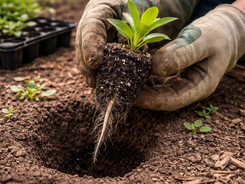Gardener gently lowers a butterfly weed plug into a prepared hole with the taproot left intact.