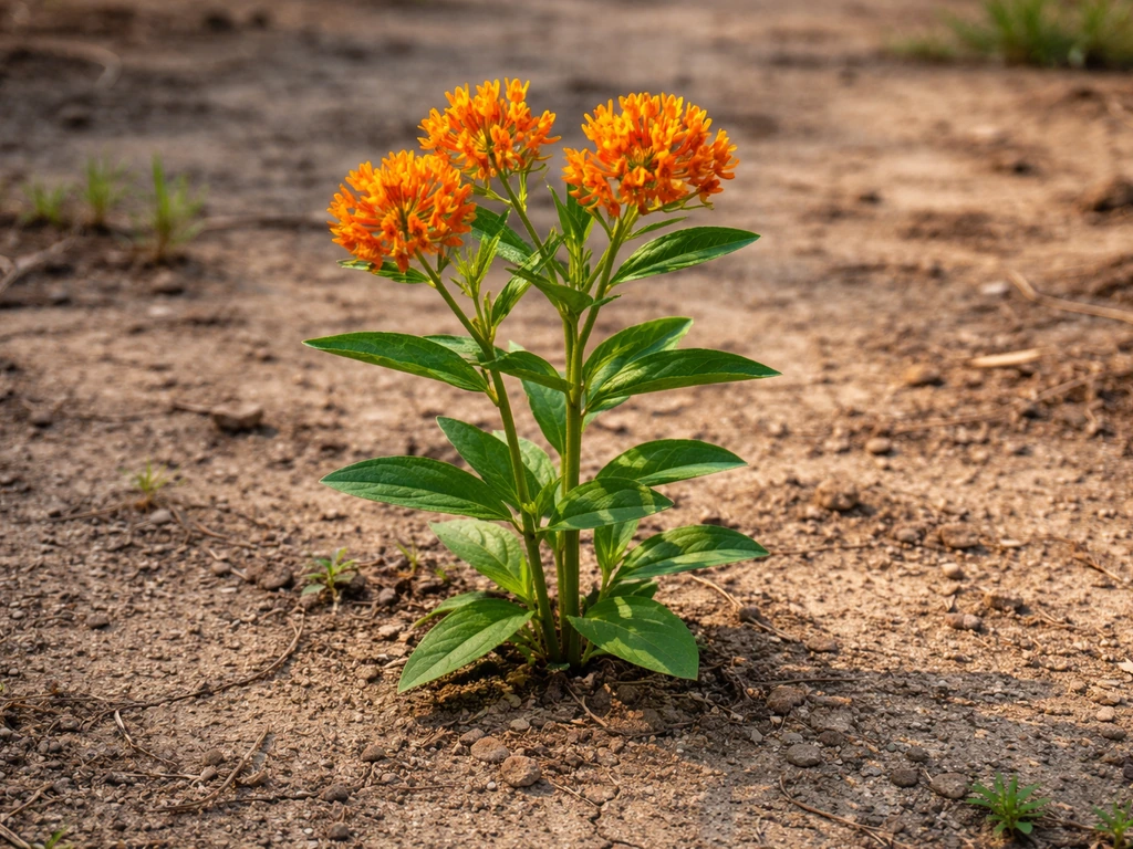 Butterfly weed in lean, slightly dry soil with sparse ground cover, showing drought-tolerant care.