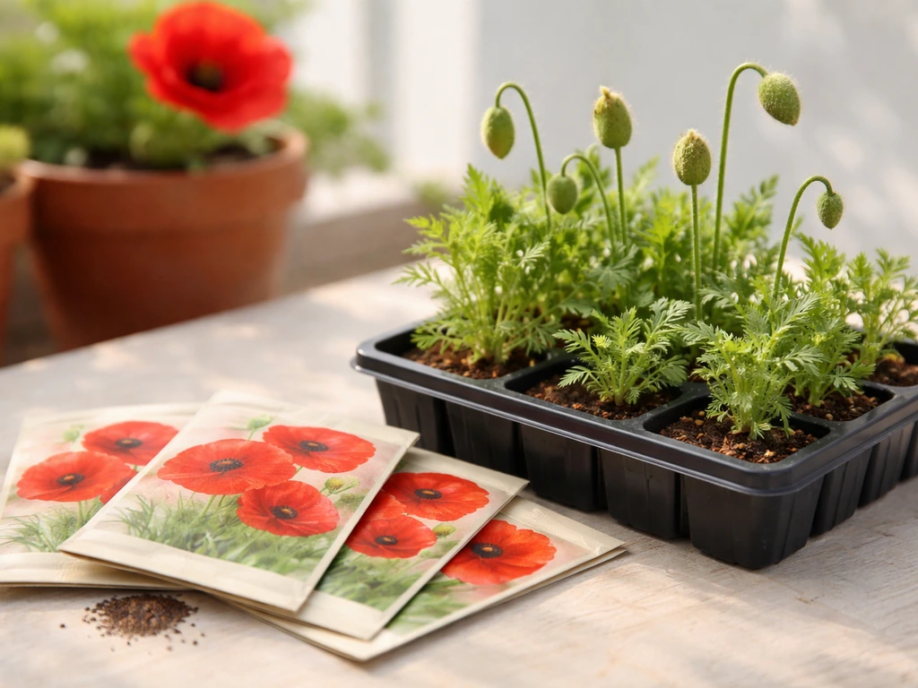 Seed packets and young red poppy seedlings, including a tall giant-type looking variety, on a potting table.