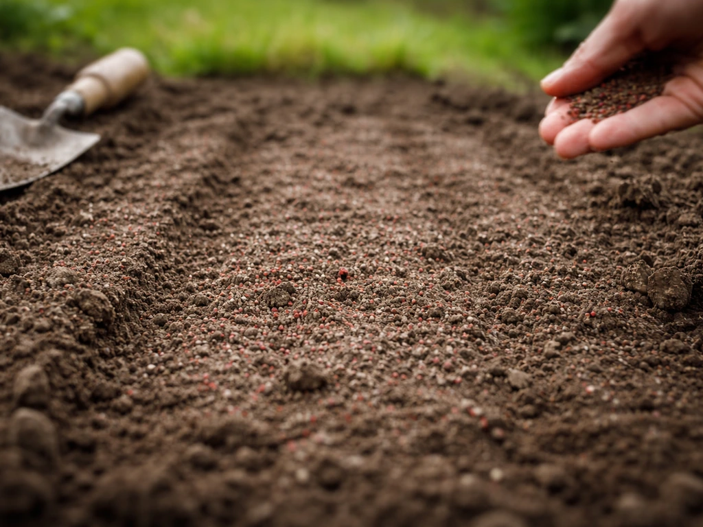 Raked seed bed with freshly sown red poppy seeds barely covered with soil.