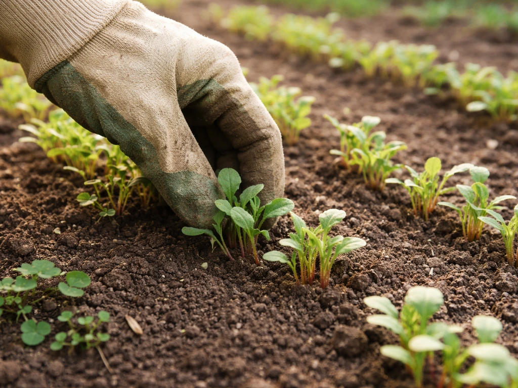 Gloved hand thinning crowded red poppy seedlings in a soil bed with small weeds nearby.