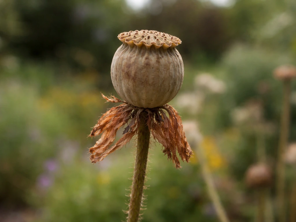 Close-up of a dried red poppy seed capsule, partially opened for saving seeds.