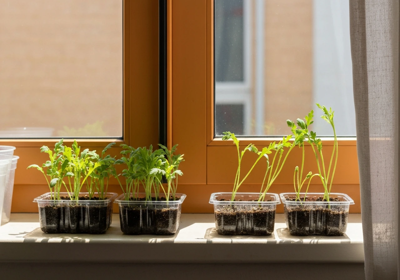 Sunlit window seedling trays showing compact healthy seedlings and leggy ones in separate trays.