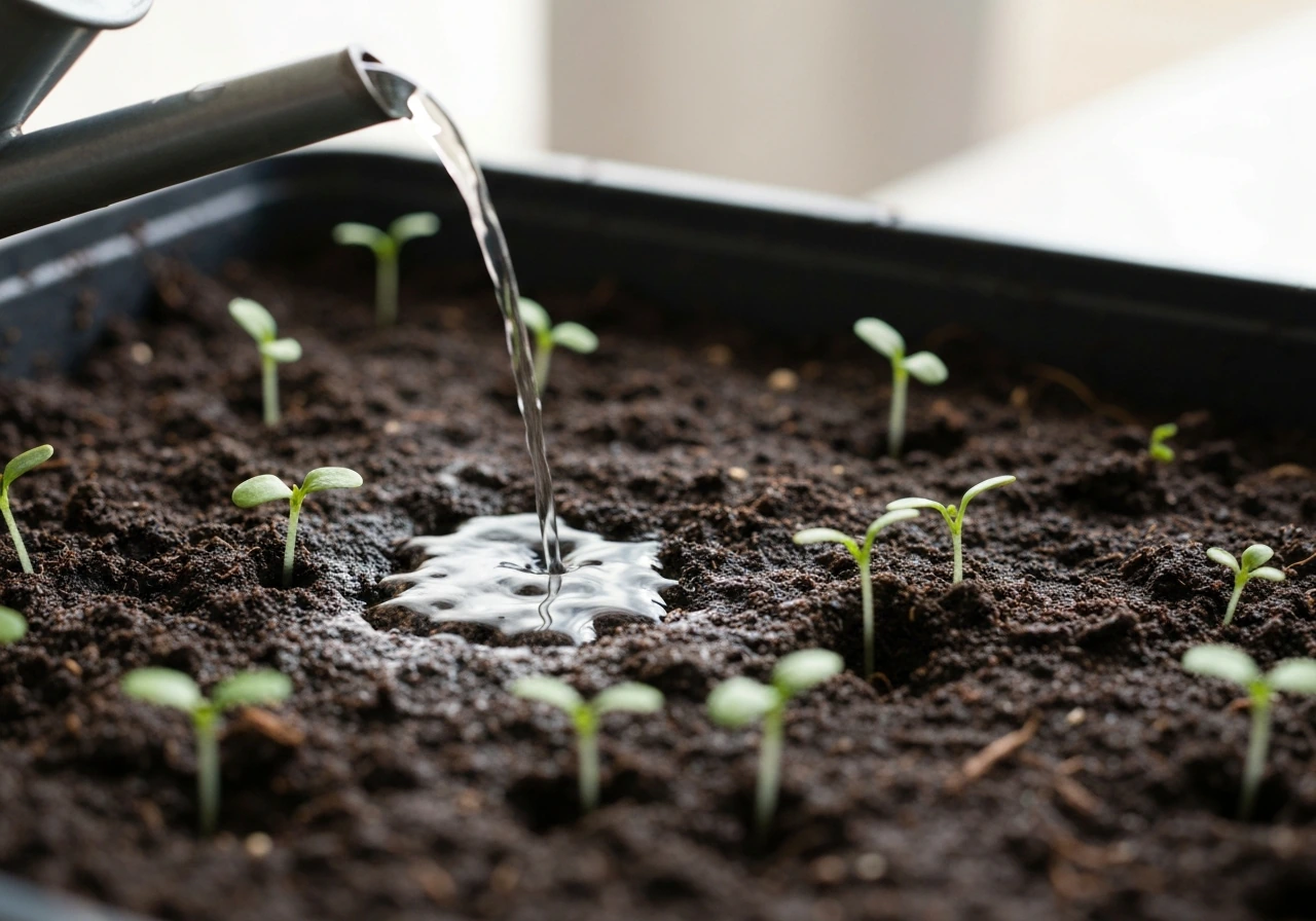 Close-up of a watering can gently moistening seed-starting mix with damp, not puddled, soil surface