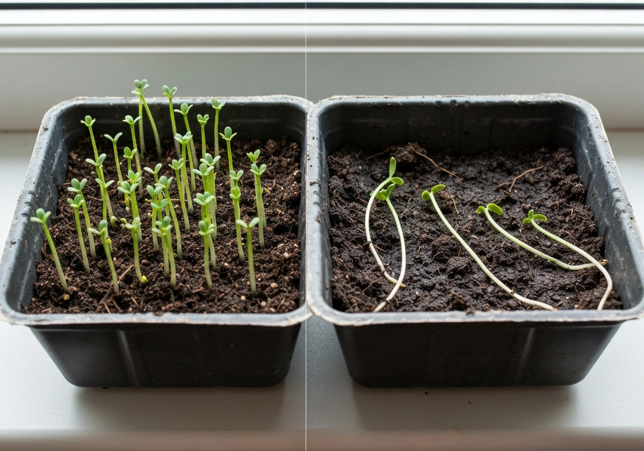 Seed tray showing healthy emerging seedlings beside collapsed damping-off seedlings at the soil line.