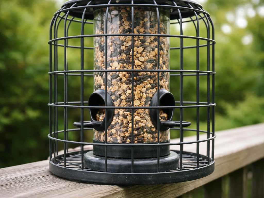 Close-up of a caged bird feeder filled with seed on a backyard rail, wire cage covering the feeding ports.