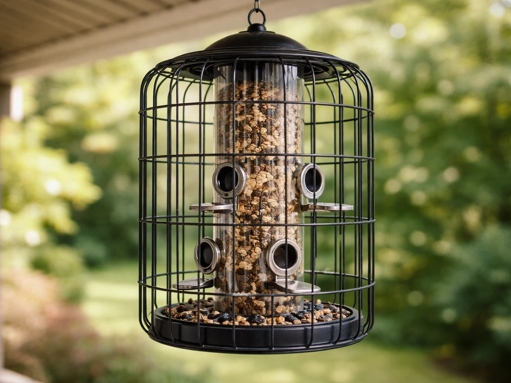 Close-up of a caged bird feeder showing outer metal cage, seed ports, and internal seed reservoir.