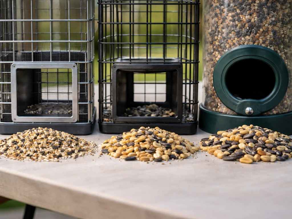 Side-by-side close-up of bird feeder cage openings with seed mounds showing different access sizes.