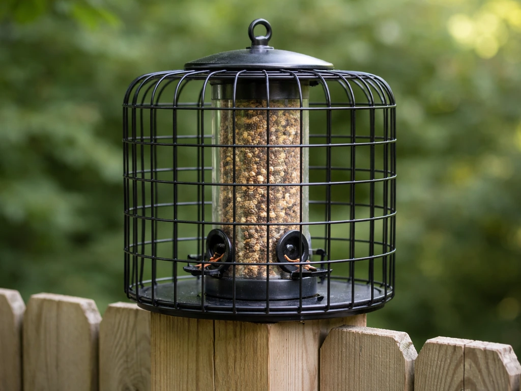 Close-up of a caged tube bird feeder with an enclosed steel grid preventing squirrels from reaching ports.