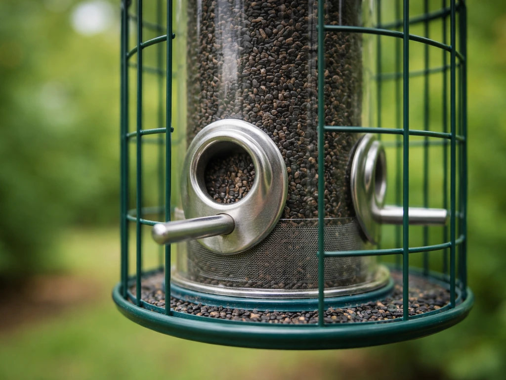 Close-up of a caged nyjer tube feeder with fine ports and minimal seed spillage around openings.