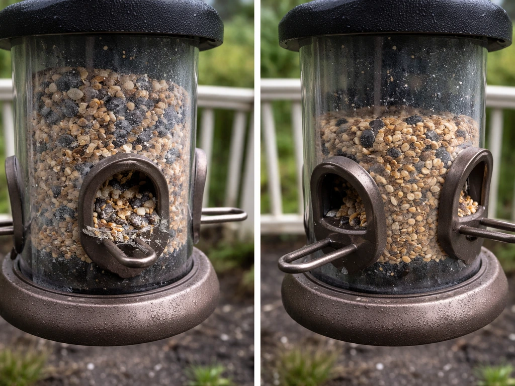 Close-up of a bird feeder with damp clumped seed clogging ports, and ports angled away from rain.