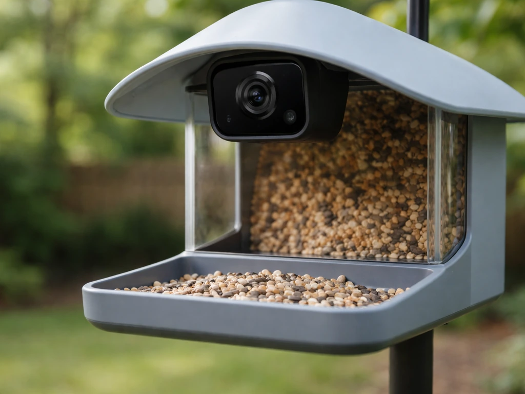 Close-up of a smart video bird feeder with camera aimed at a backyard feeding platform.