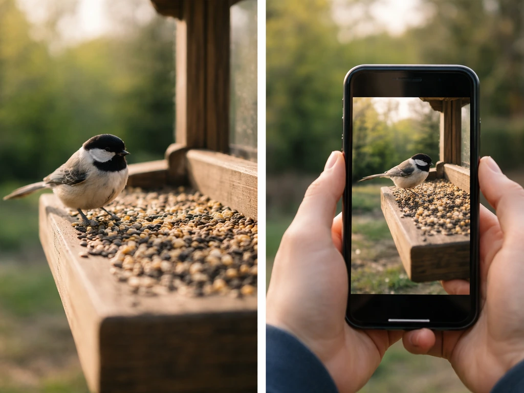 Side-by-side view: bird on feeder outdoors and a phone showing a live feed of the same moment.