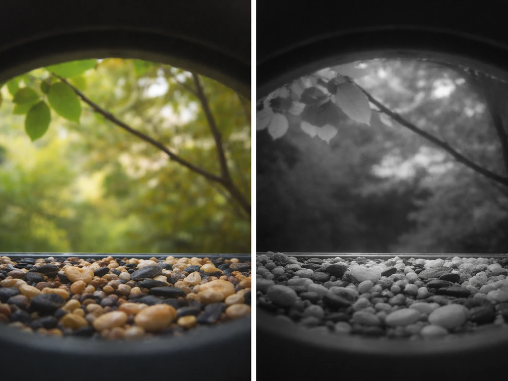 Daylight color vs infrared grayscale night-vision view from an outdoor feeder camera lens.