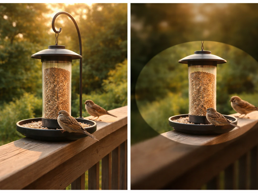 Ultra-wide view shows birds across the feeder; tighter crop cuts off an edge bird.