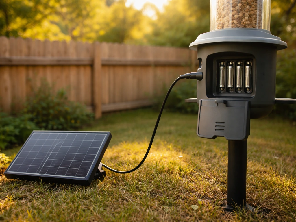 Backyard smart bird feeder with a mounted solar panel and visible open battery compartment.