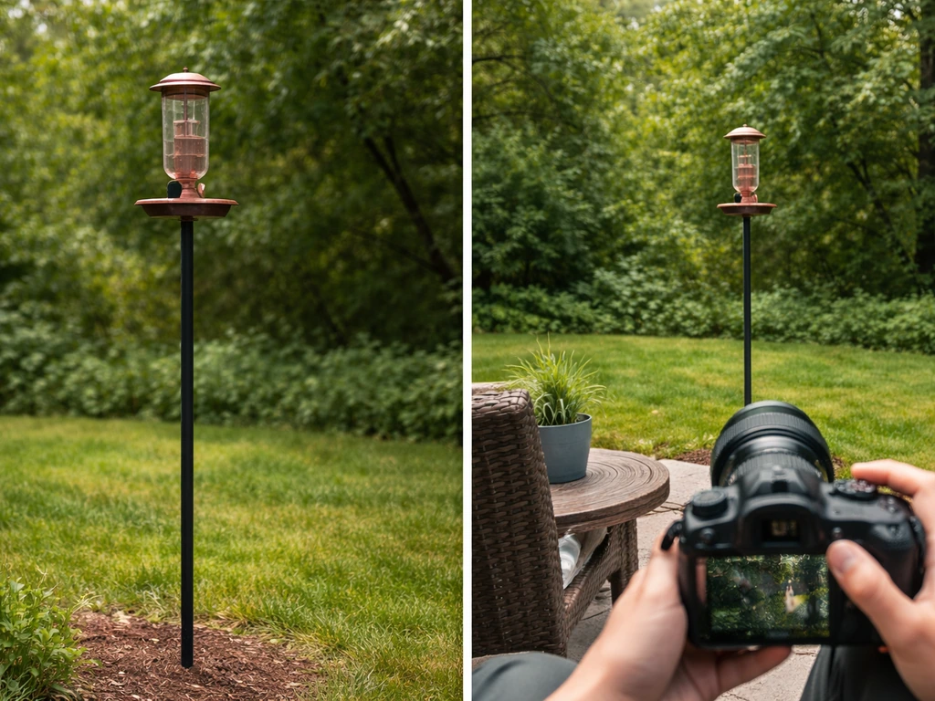 Pole-mounted bird feeder at 4–6 ft with camera aimed toward the platform from eye level