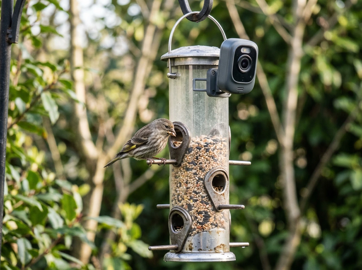 Tube feeder with birds feeding from side ports and camera alignment showing vertical port spacing