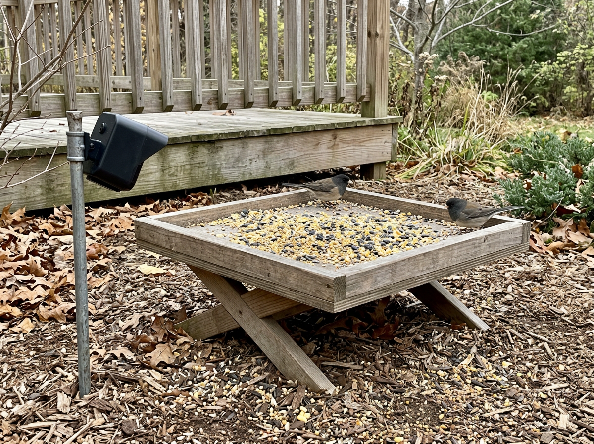 Platform/tray feeder with ground-feeding birds and camera capturing multiple angles on the open surface