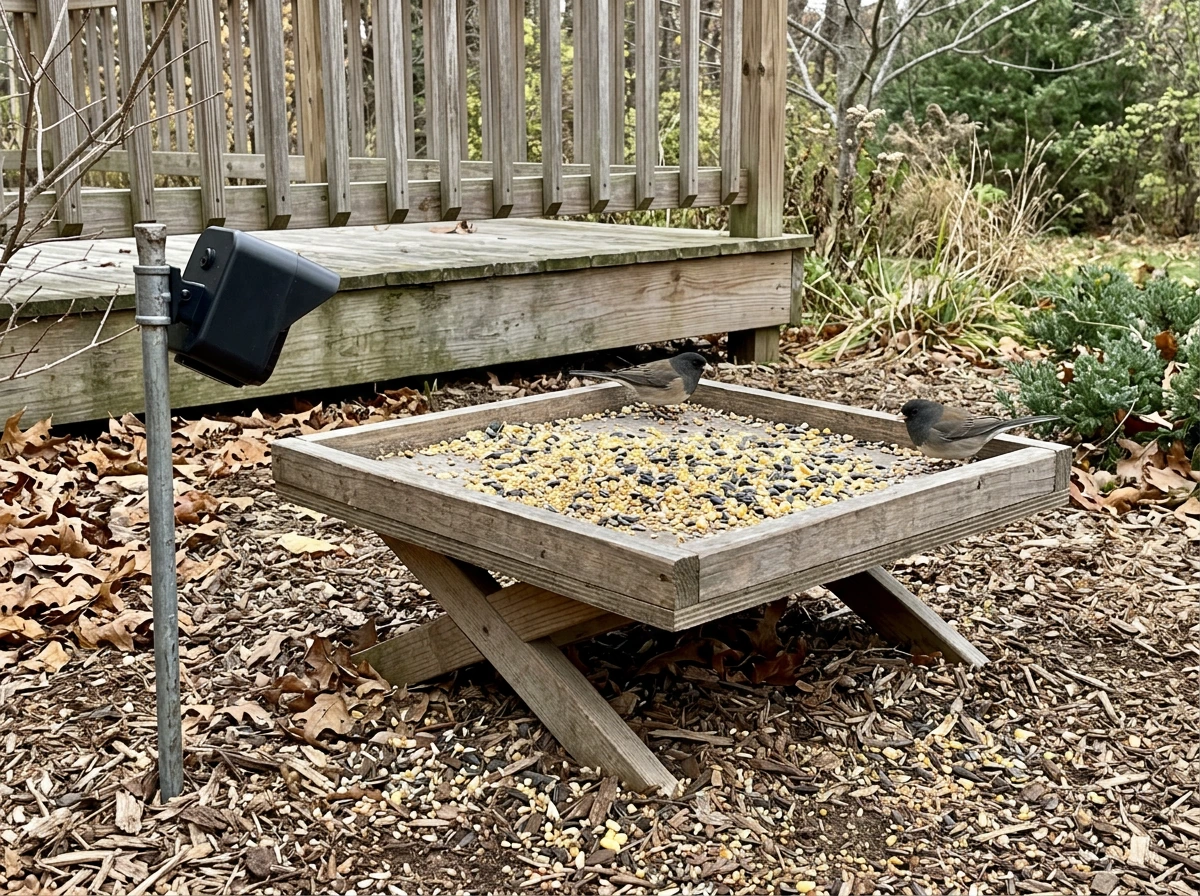 Platform/tray feeder with ground-feeding birds and camera capturing multiple angles on the open surface