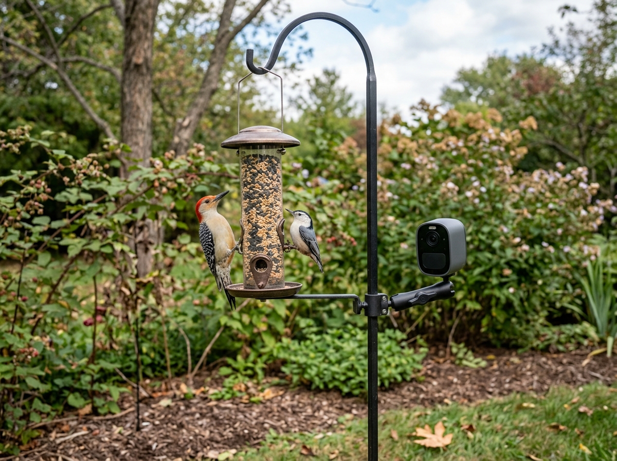 Feeder camera mounted on a shepherd hook at the correct height for clear bird faces