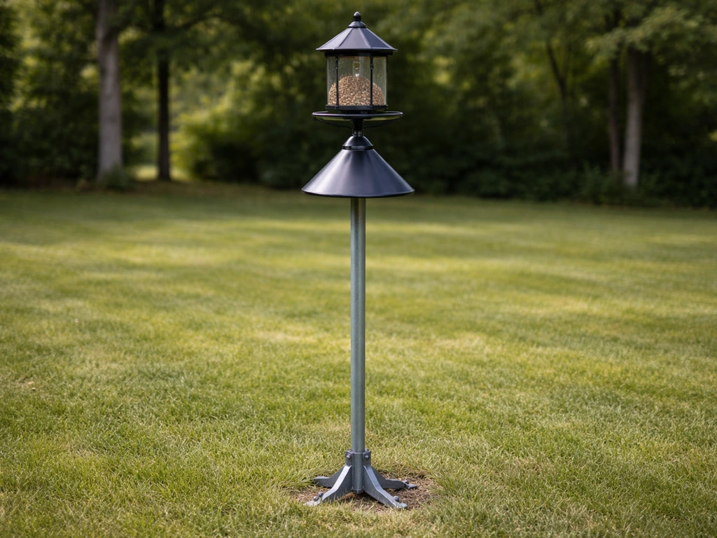 Heavy-duty bird feeder pole with mounted feeder and squirrel baffle in a quiet backyard.