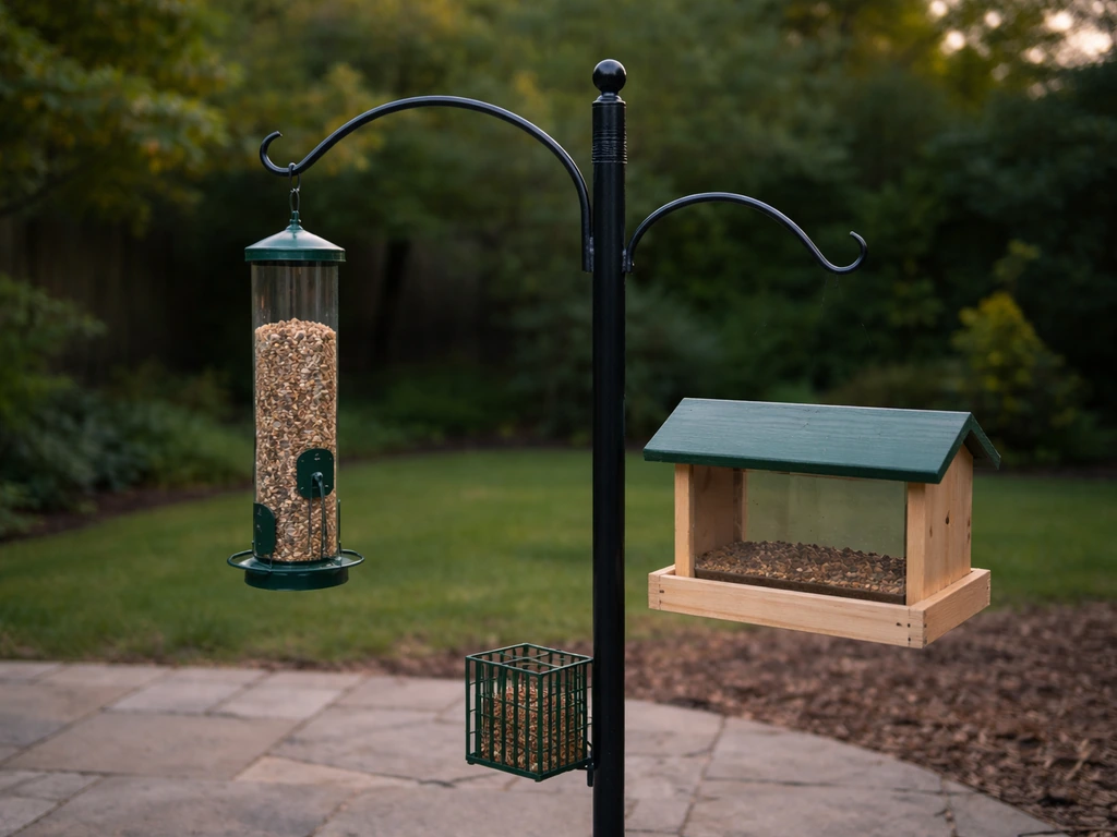 Close-up of pole-mounted feeder arm showing a tube feeder aligned with the hook and a hopper-style nearby